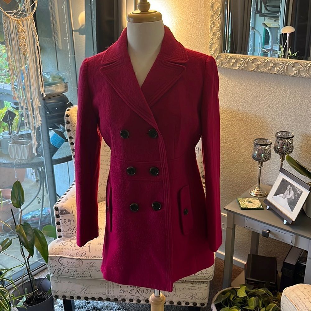 🎊HP🎊 LOFT Fucsha Pink Boiled Wool Pea Coat - Picture 2 of 15